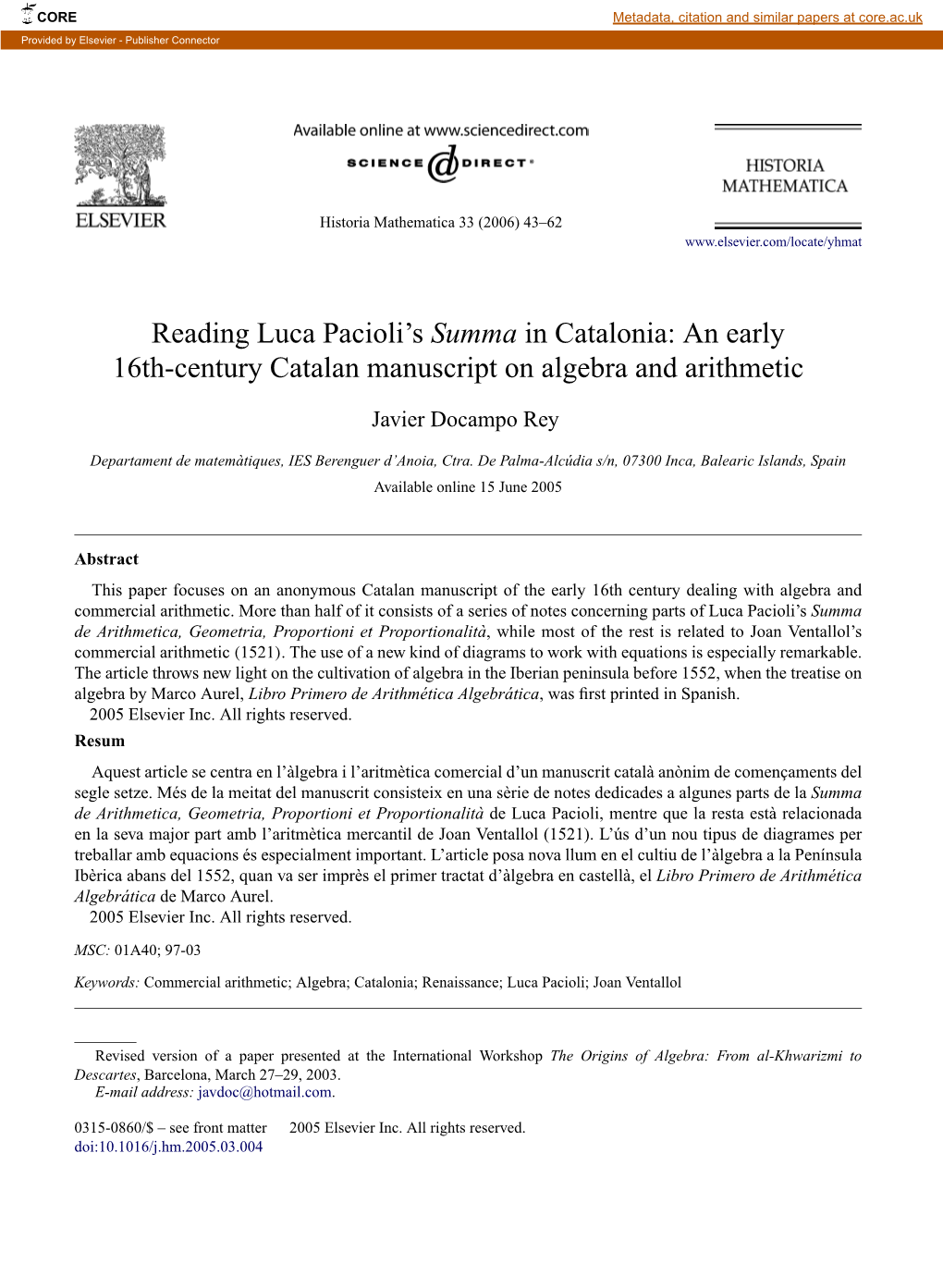 Reading Luca Pacioli's Summa in Catalonia: an Early 16Th