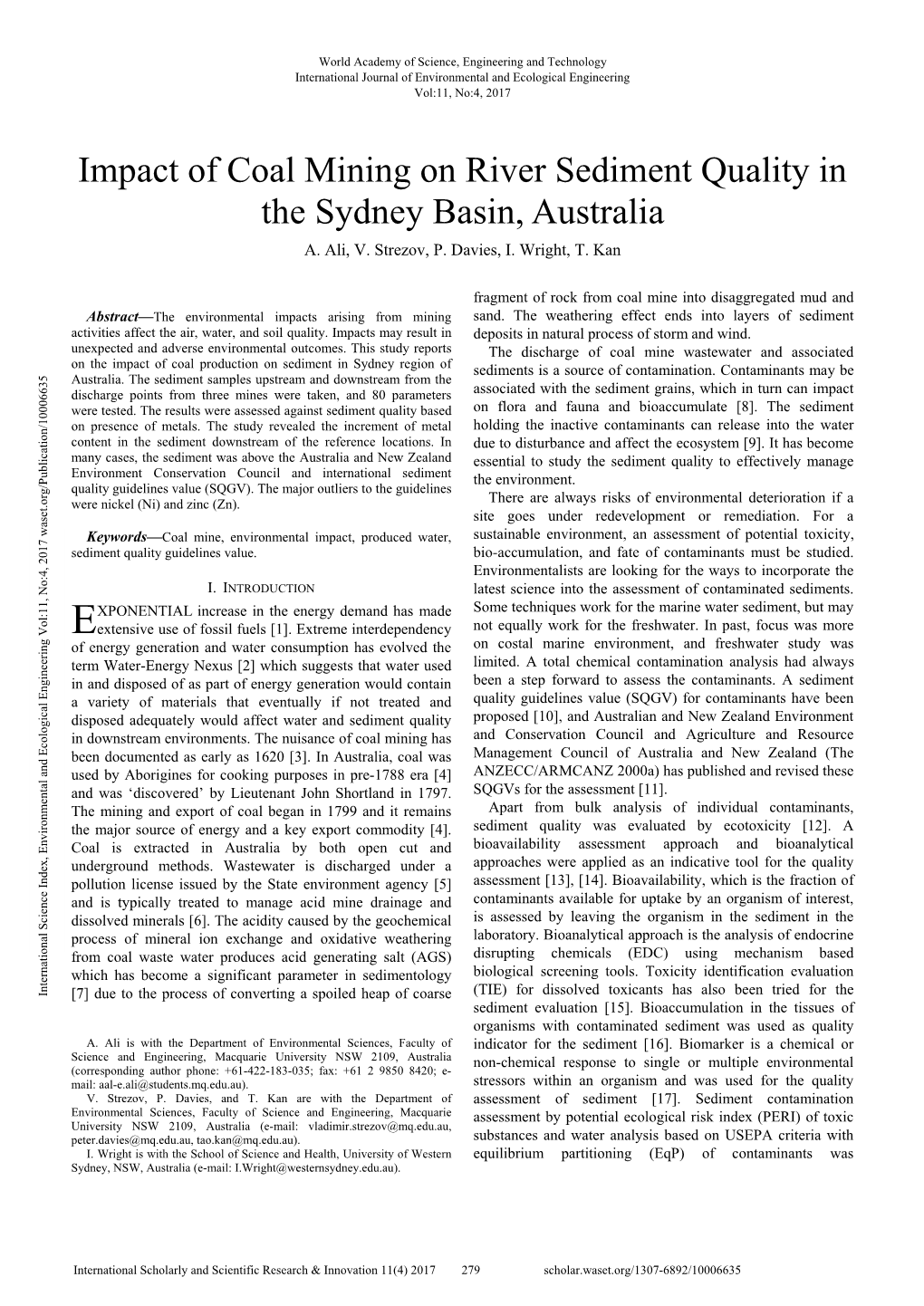 Impact of Coal Mining on River Sediment Quality in the Sydney Basin, Australia A