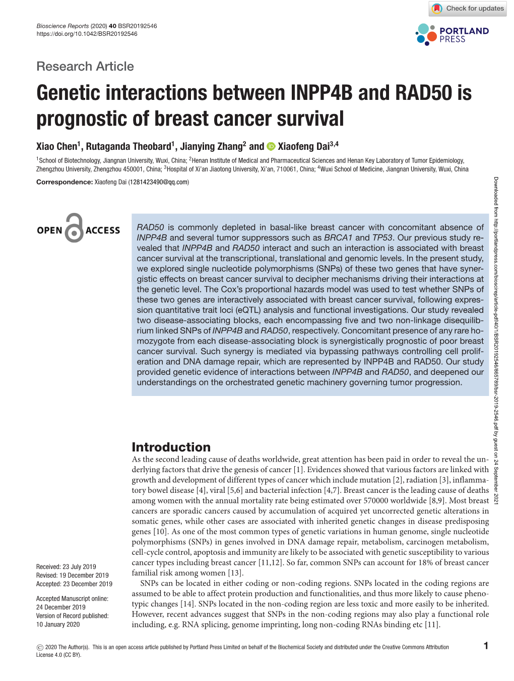 Genetic Interactions Between INPP4B and RAD50 Is Prognostic of Breast Cancer Survival