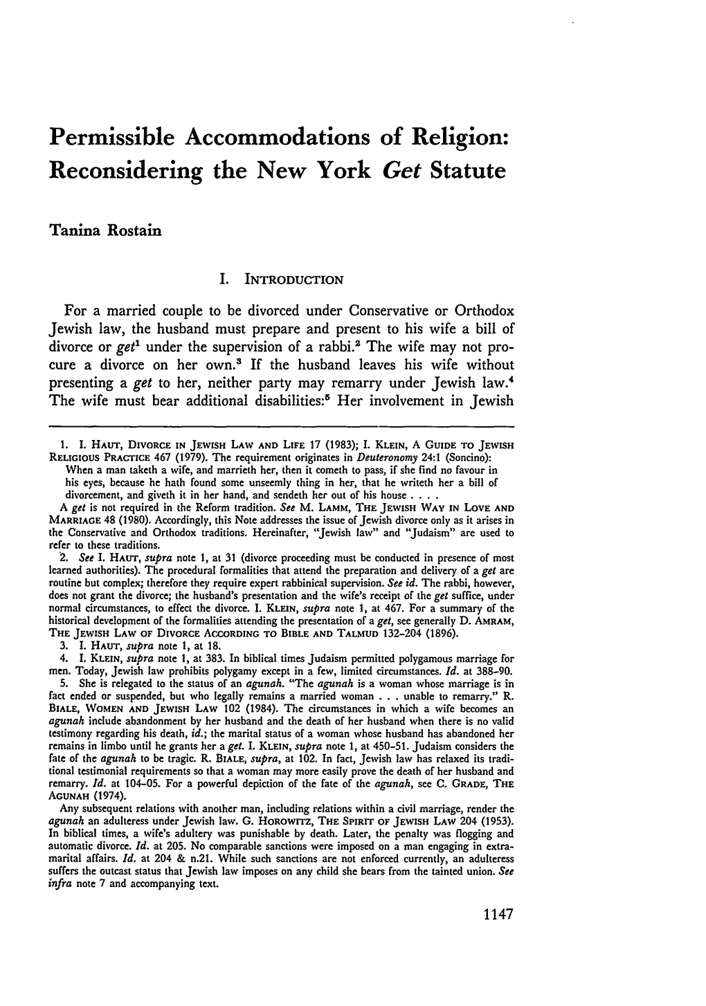 Permissible Accommodations of Religion: Reconsidering the New York Get Statute