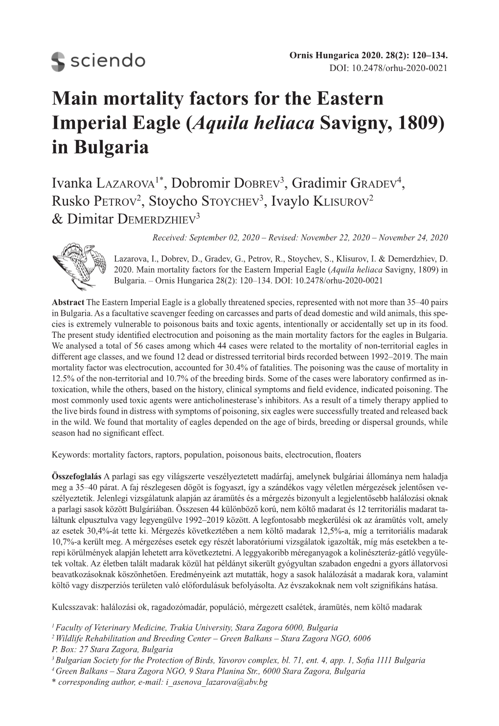 Mortality Factors for the Eastern Imperial Eagle (Aquila Heliaca Savigny, 1809) in Bulgaria