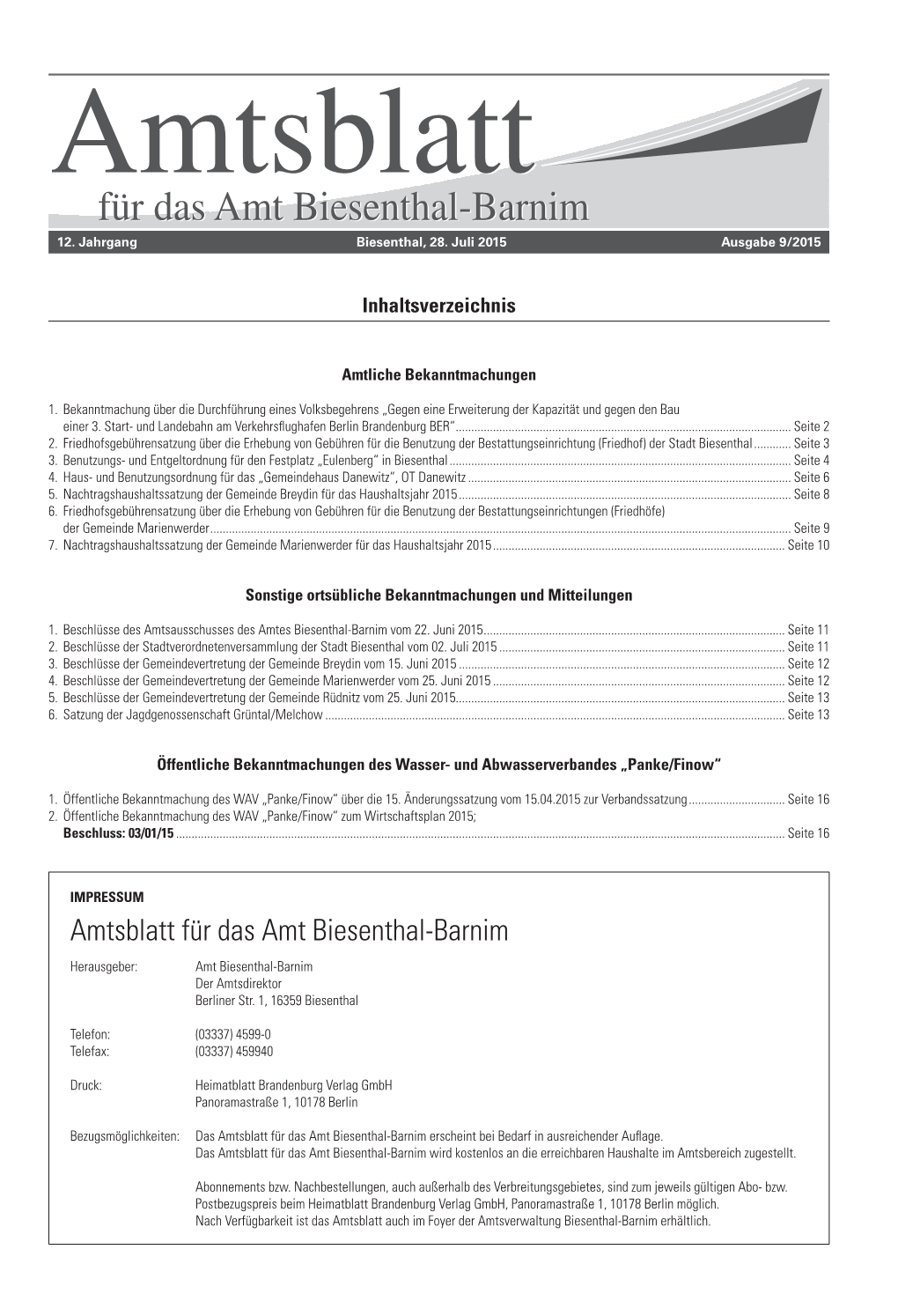 Amtsblatt Für Das Amt Biesenthal-Barnim Herausgeber: Amt Biesenthal-Barnim Der Amtsdirektor Berliner Str