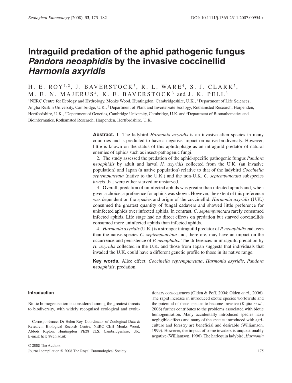 Intraguild Predation of the Aphid Pathogenic Fungus Pandora Neoaphidis by the Invasive Coccinellid Harmonia Axyridis