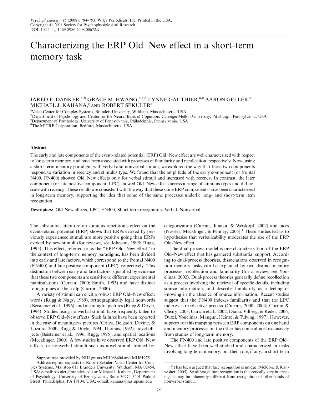 Characterizing the ERP Old–New Effect in a Short-Term Memory Task