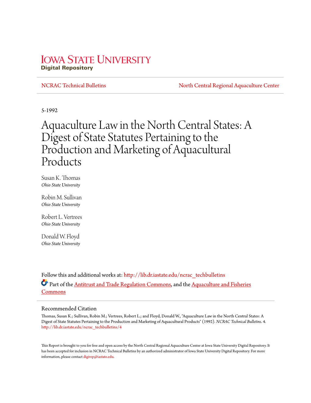 A Digest of State Statutes Pertaining to the Production and Marketing of Aquacultural Products Susan K
