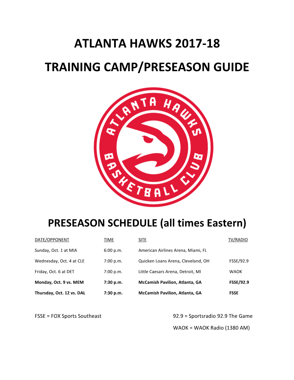 Atlanta Hawks 2017-18 Training Camp/Preseason Guide
