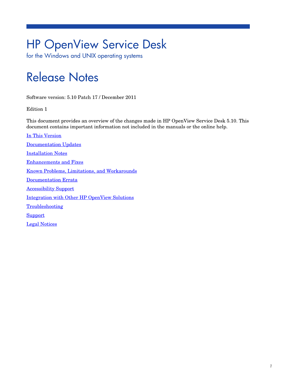 HP Openview Service Desk 5.10 Patch 17 Release Notes
