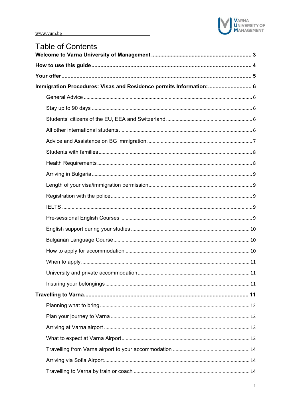 Table of Contents Welcome to Varna University of Management