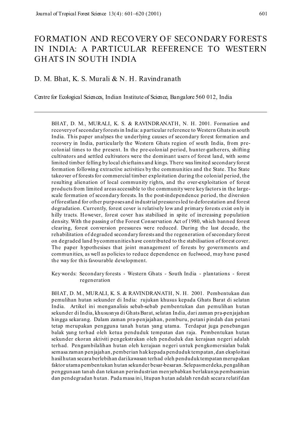 Formation and Recovery of Secondary Forests in India: a Particular Reference to Western Ghats in South India