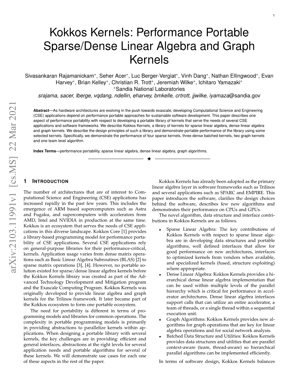 Kokkos Kernels: Performance Portable Sparse/Dense Linear Algebra and Graph Kernels