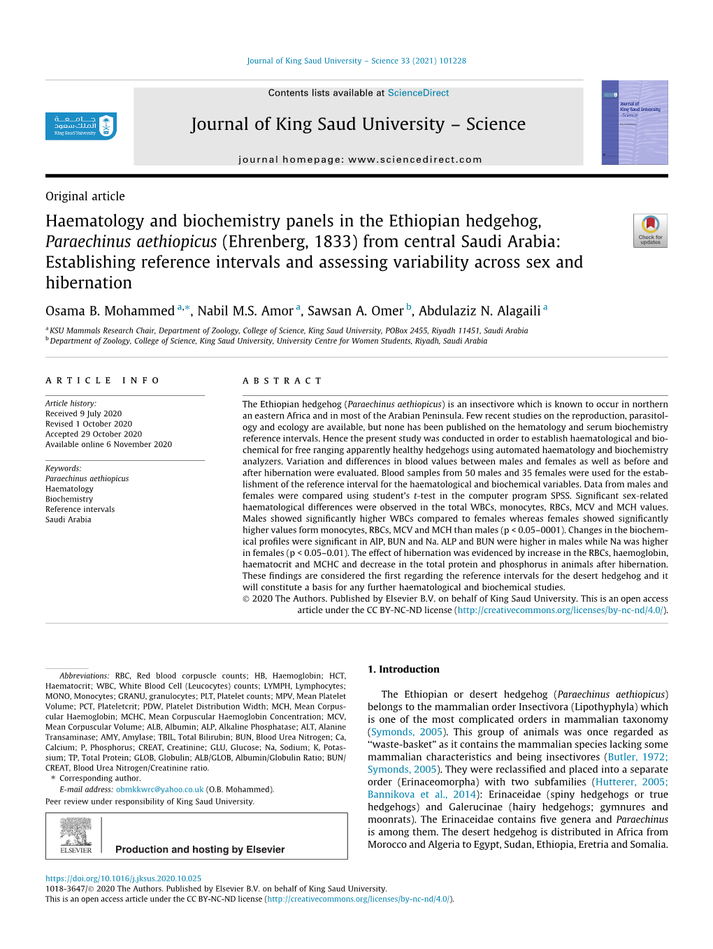 Haematology and Biochemistry Panels in the Ethiopian Hedgehog