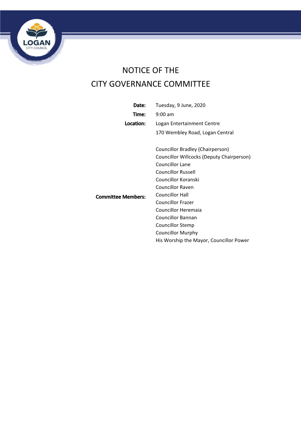 City Governance Committee Agenda