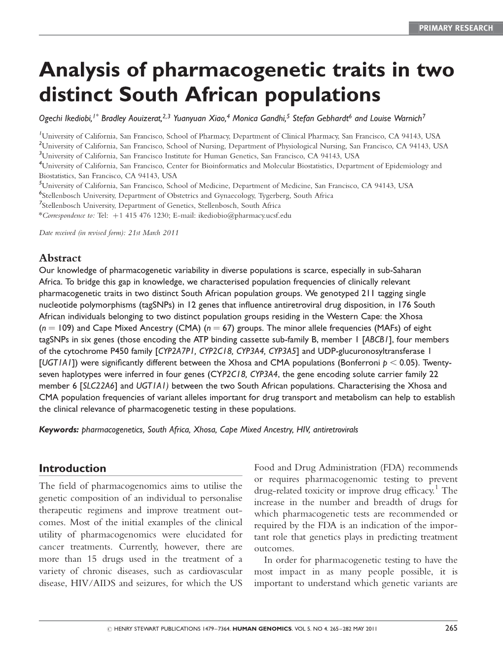 Analysis of Pharmacogenetic Traits in Two Distinct South African Populations