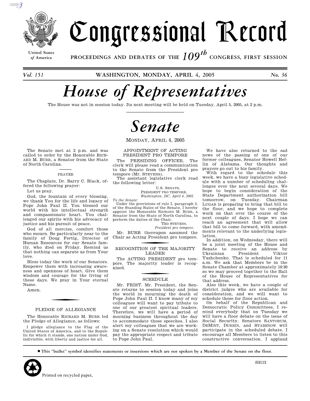 Congressional Record United States Th of America PROCEEDINGS and DEBATES of the 109 CONGRESS, FIRST SESSION