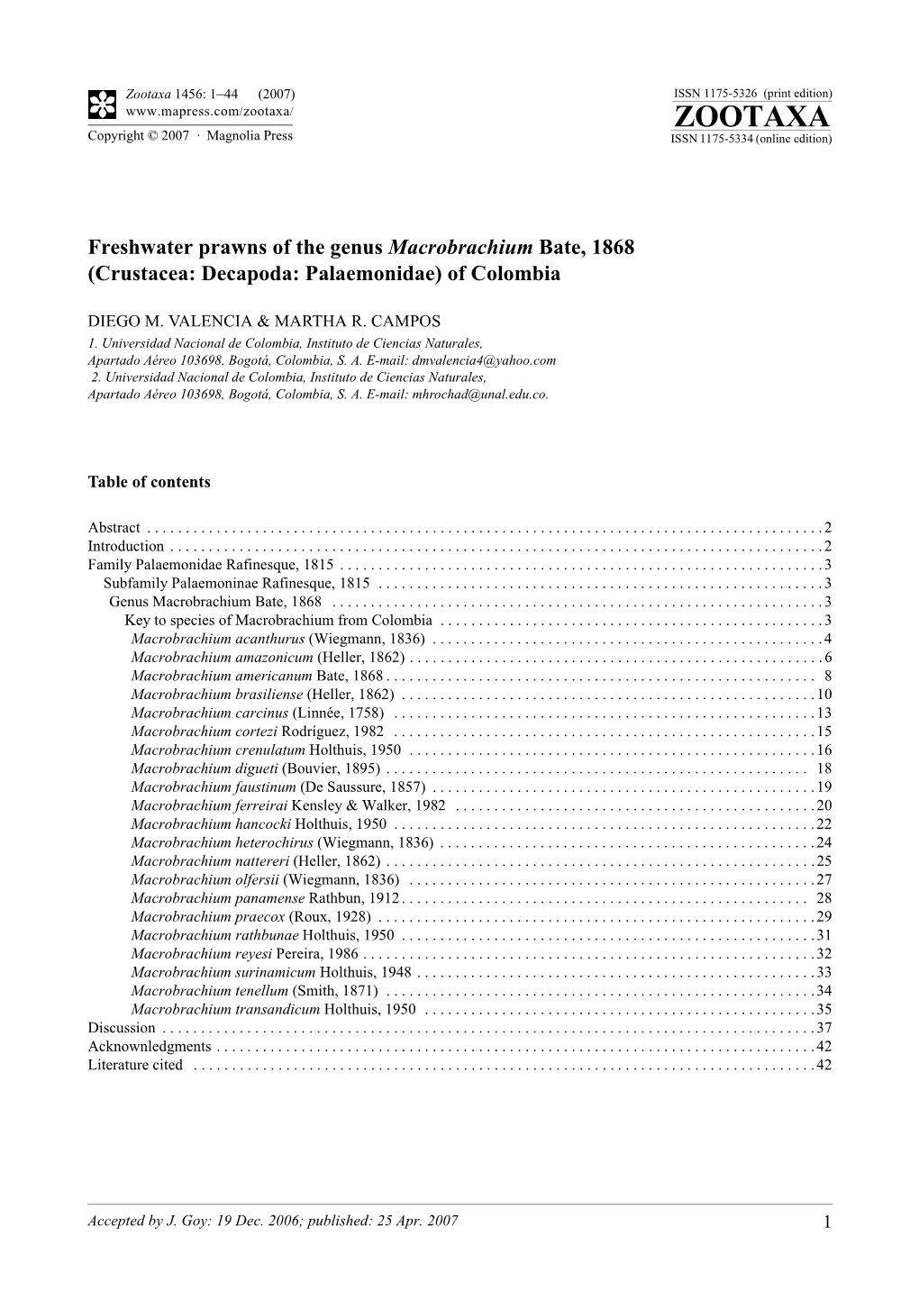 Zootaxa,Freshwater Prawns of the Genus Macrobrachium Bate, 1868