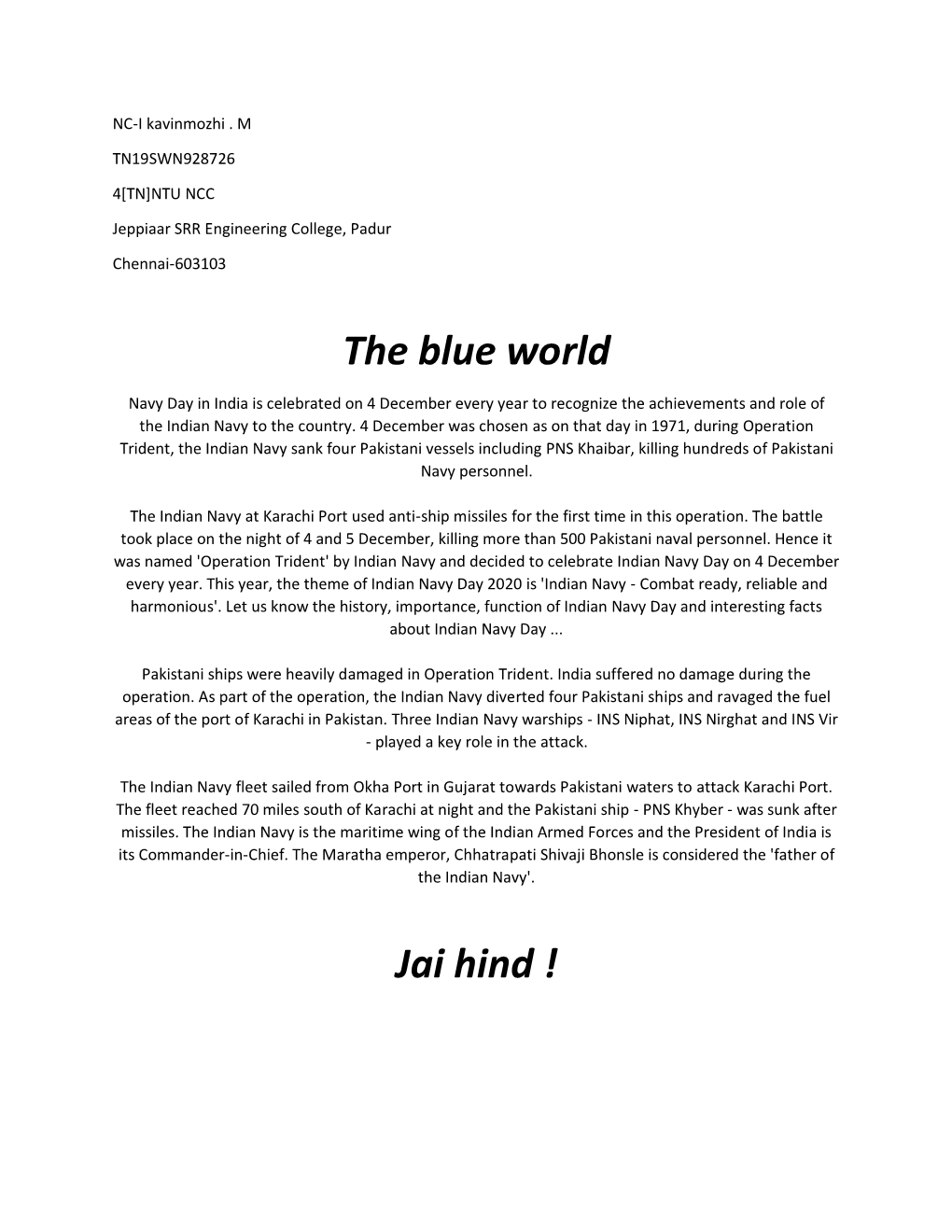 The Blue World Jai Hind !