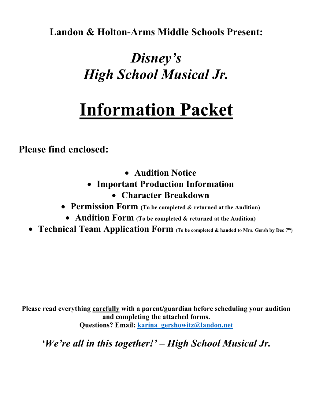 Disney's High School Musical Jr. Information Packet