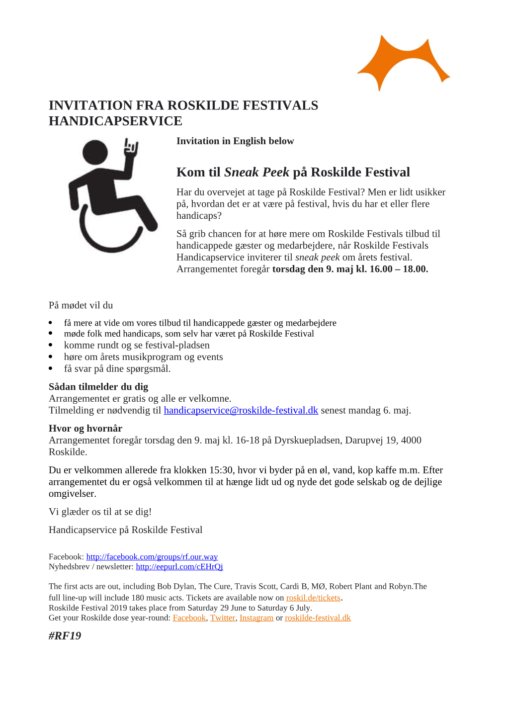 INVITATION FRA ROSKILDE FESTIVALS HANDICAPSERVICE Invitation in English Below