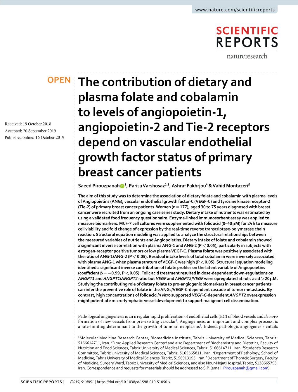 The Contribution of Dietary and Plasma Folate and Cobalamin to Levels of Angiopoietin-1, Angiopoietin-2 and Tie-2 Receptors Depe