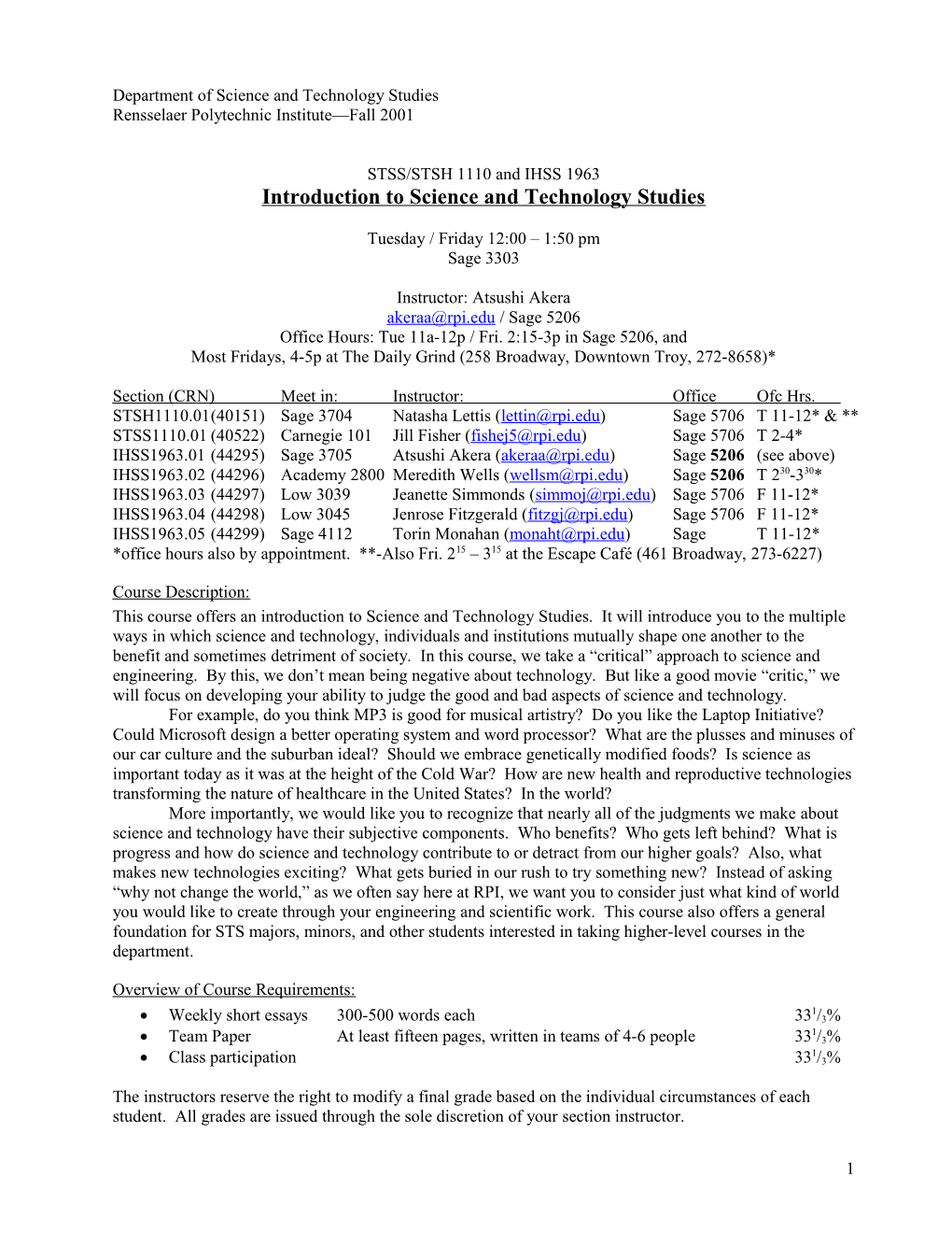 Intro to STS Syllabus (Fall 2001)