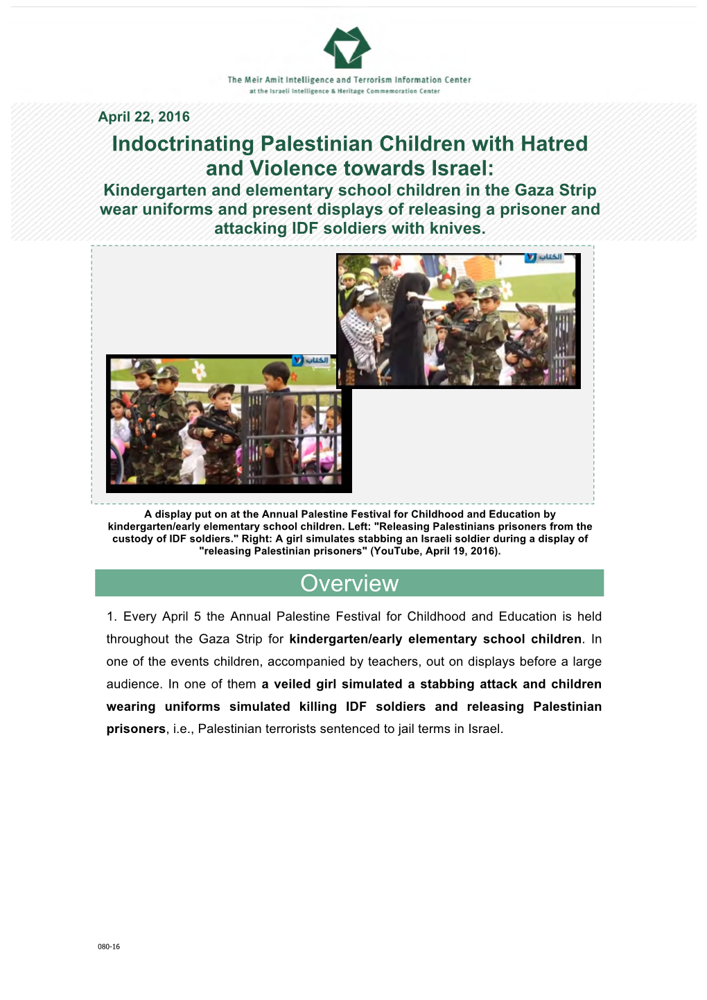 Indoctrinating Palestinian Children with Hatred and Violence Towards