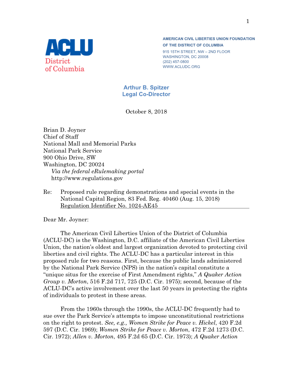 ACLU NPS Comments 2018-10-08