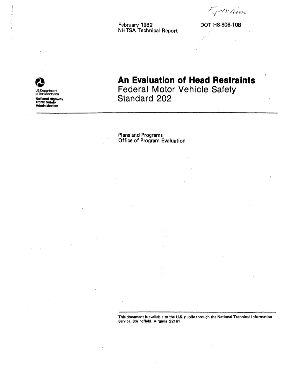 An Evaluation of Head Restraints Usdepor,Ment Federal Motor Vehicle Safety of Transportation R>J