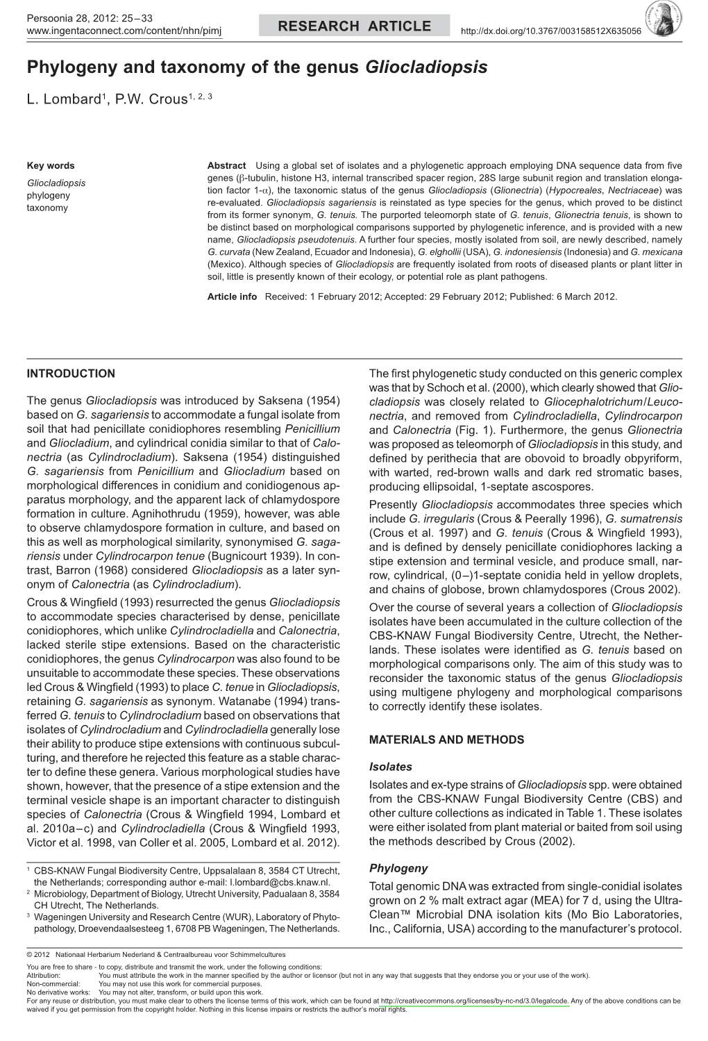 Phylogeny and Taxonomy of the Genus Gliocladiopsis