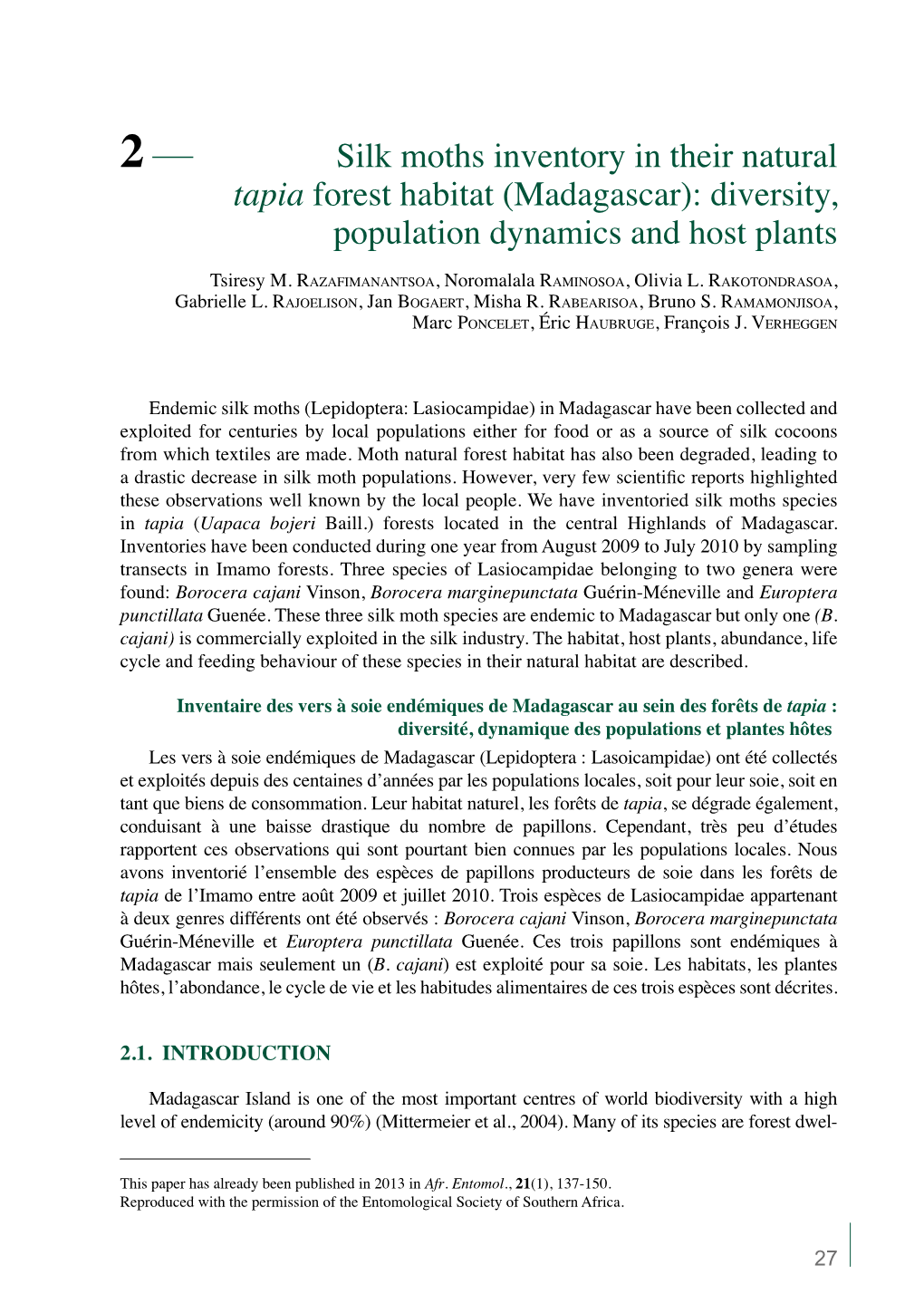 Madagascar): Diversity, Population Dynamics and Host Plants