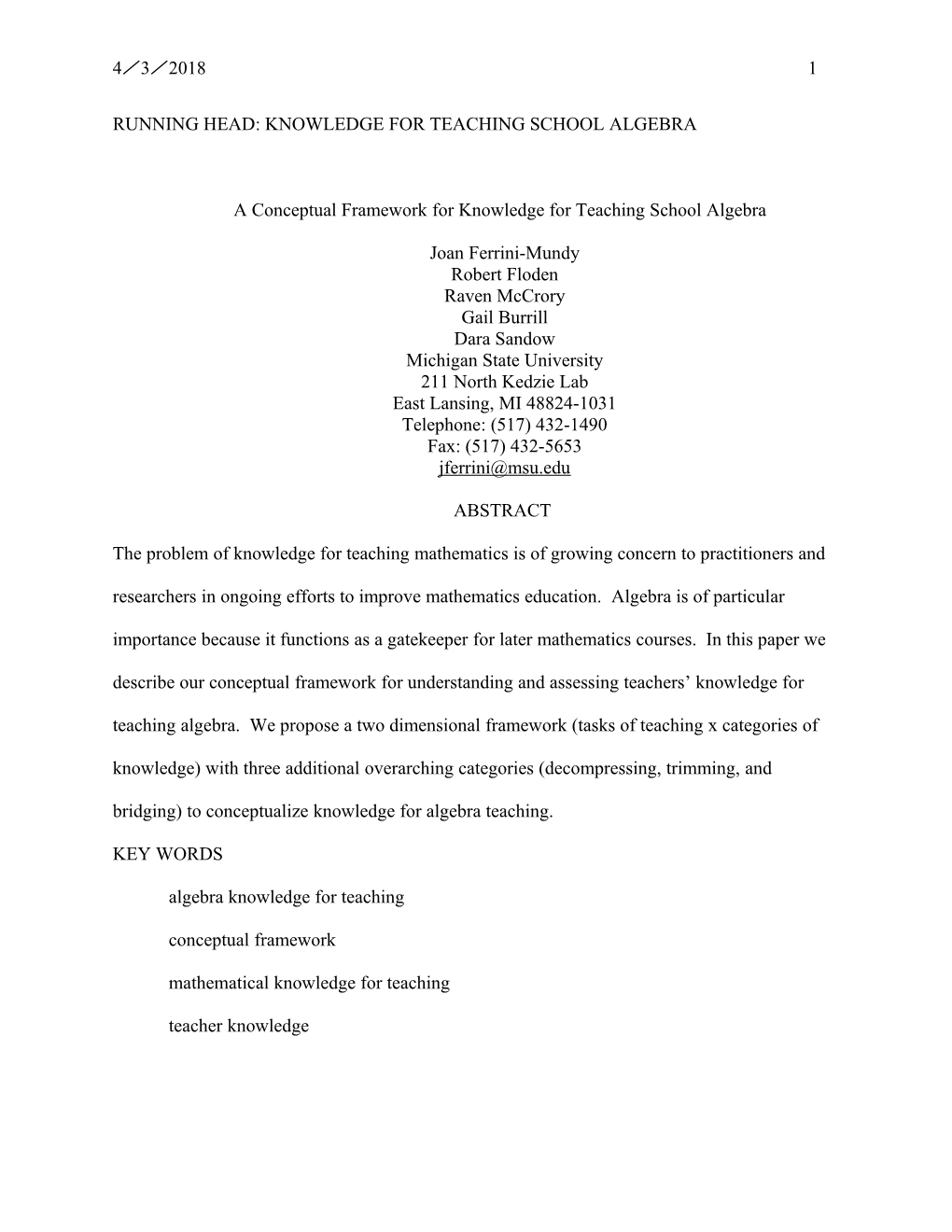 Teacher Knowledge for Teaching School Algebra