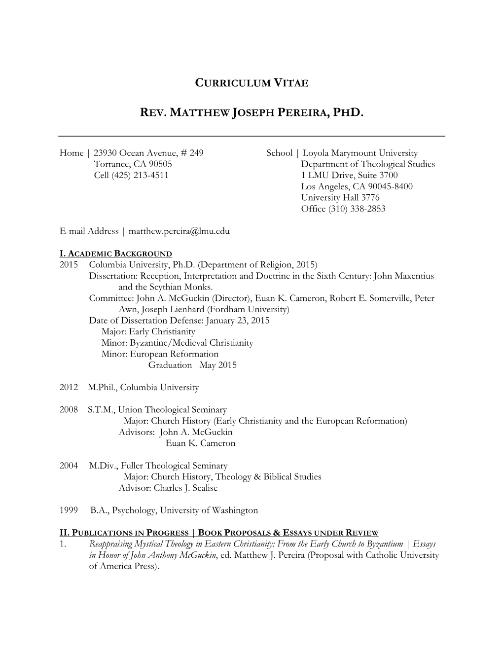 Curriculum Vitae Rev. Matthew Joseph Pereira, Phd