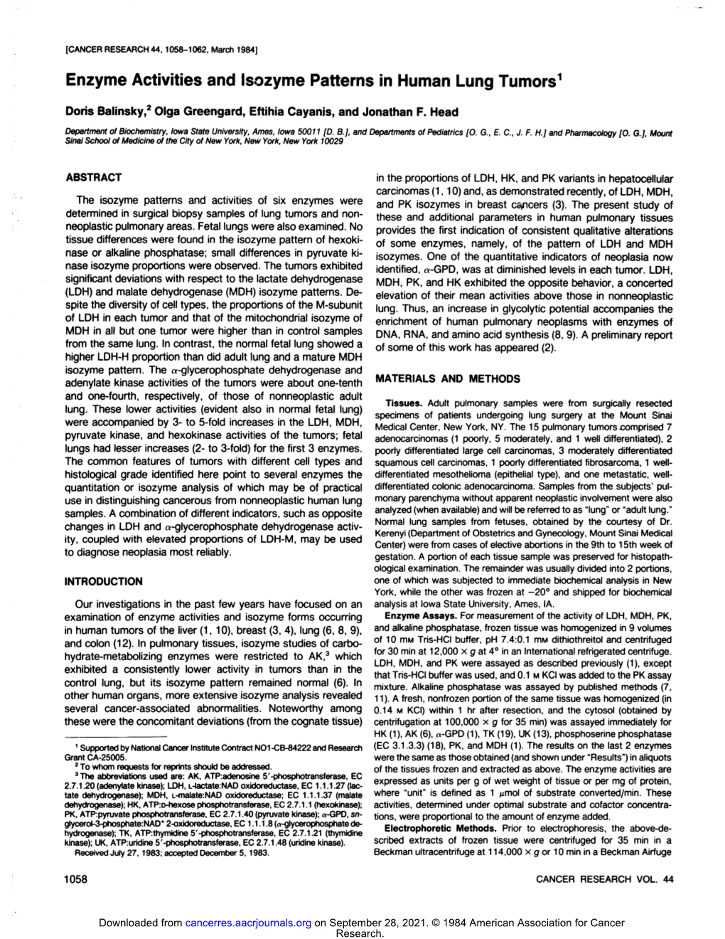 Enzyme Activities and Isozyme Patterns in Human Lung Tumors1