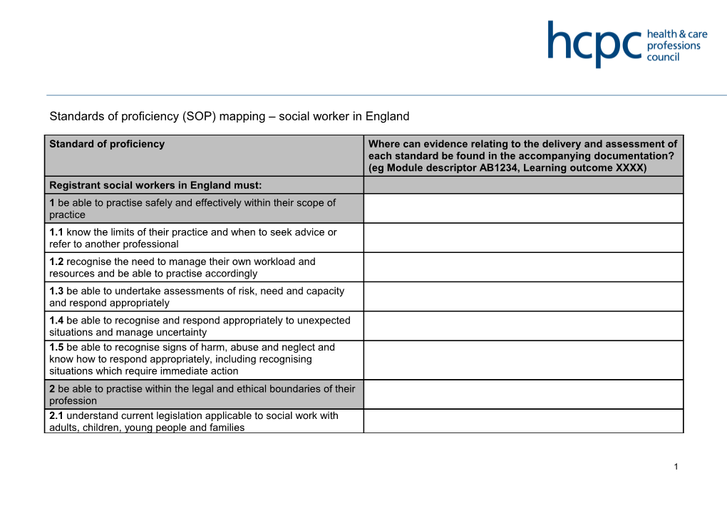 Standards of Proficiency (SOP) Mapping Social Worker in England