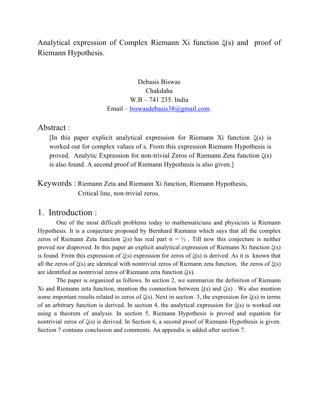 1. Introduction : One of the Most Difficult Problems Today to Mathematicians and Physicists Is Riemann Hypothesis