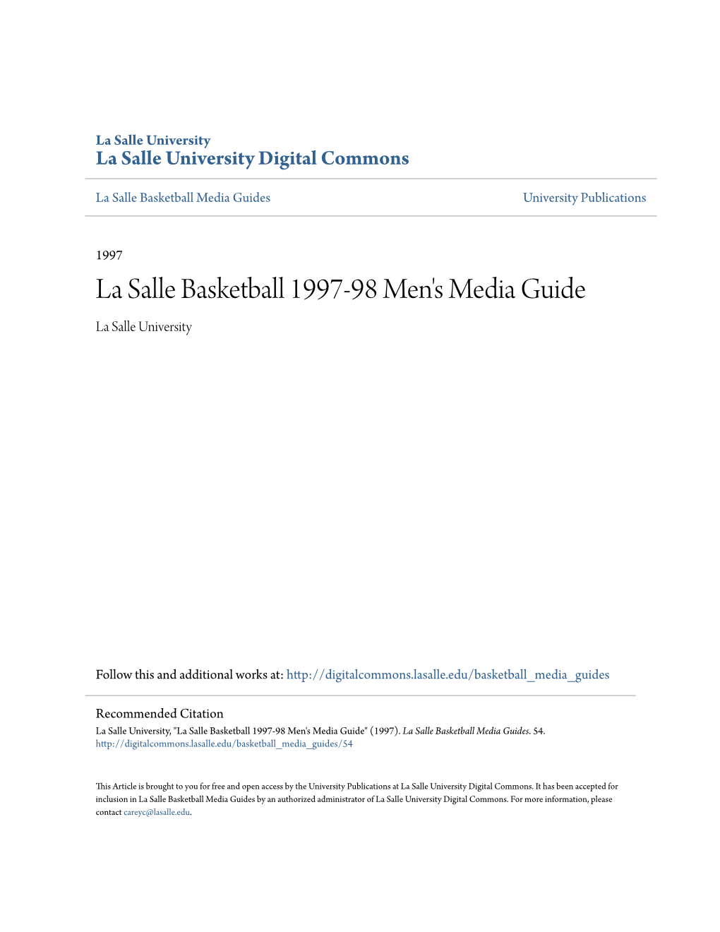 La Salle Basketball 1997-98 Men's Media Guide La Salle University