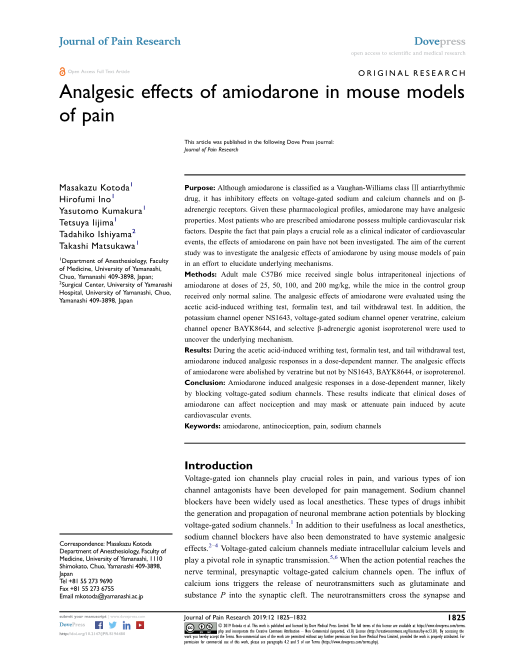 Analgesic Effects of Amiodarone in Mouse Models of Pain