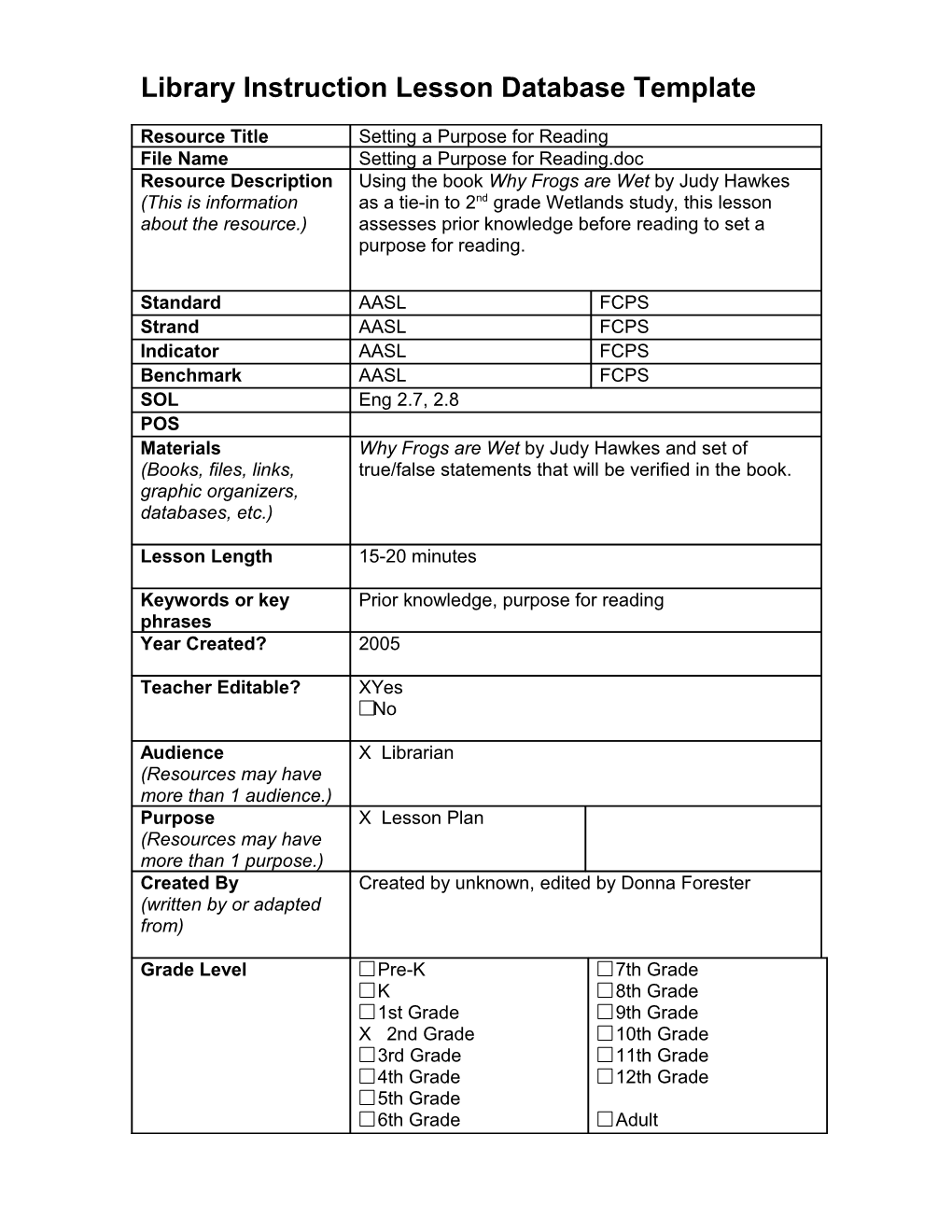 Library Instruction Lesson Database Template s3