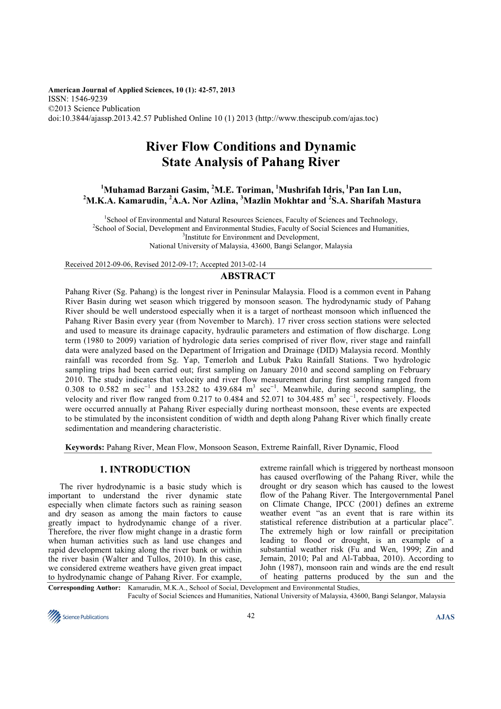 River Flow Conditions and Dynamic State Analysis of Pahang River