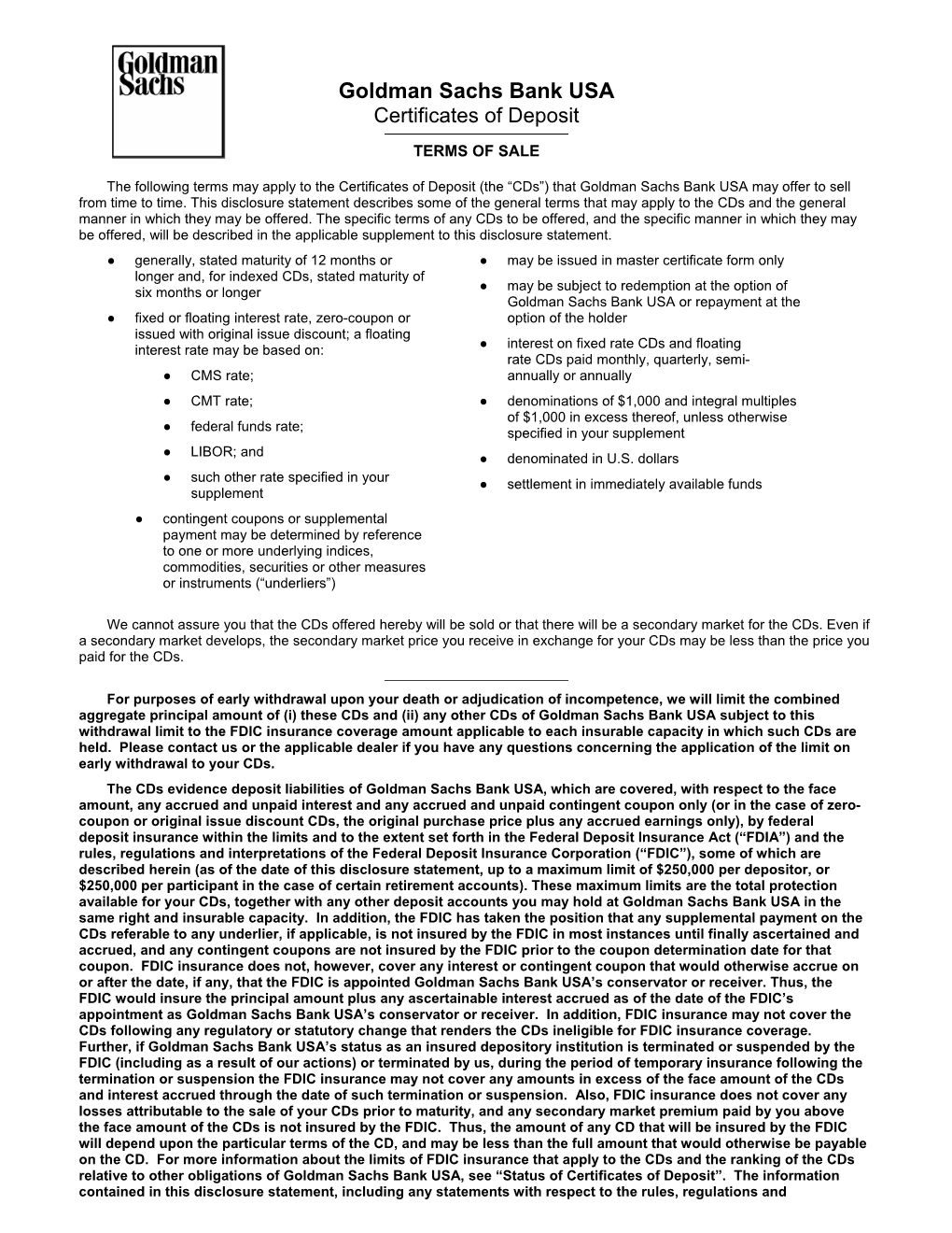 Goldman Sachs Bank USA Certificates of Deposit