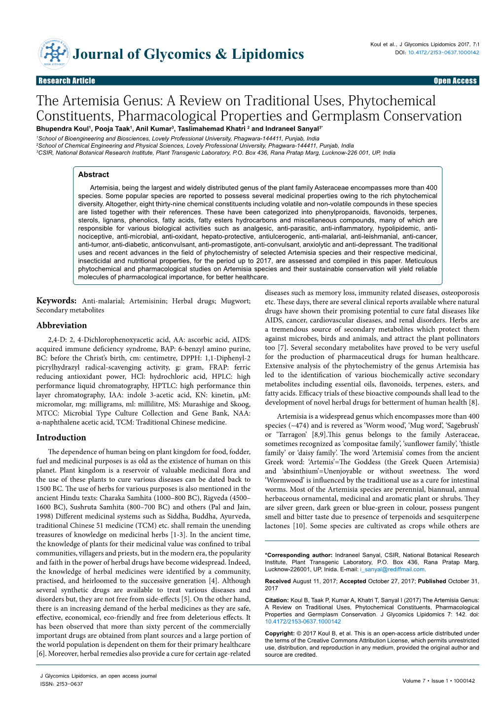 The Artemisia Genus: a Review on Traditional Uses, Phytochemical