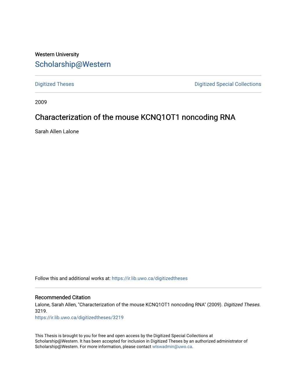 Characterization of the Mouse KCNQ1OT1 Noncoding RNA