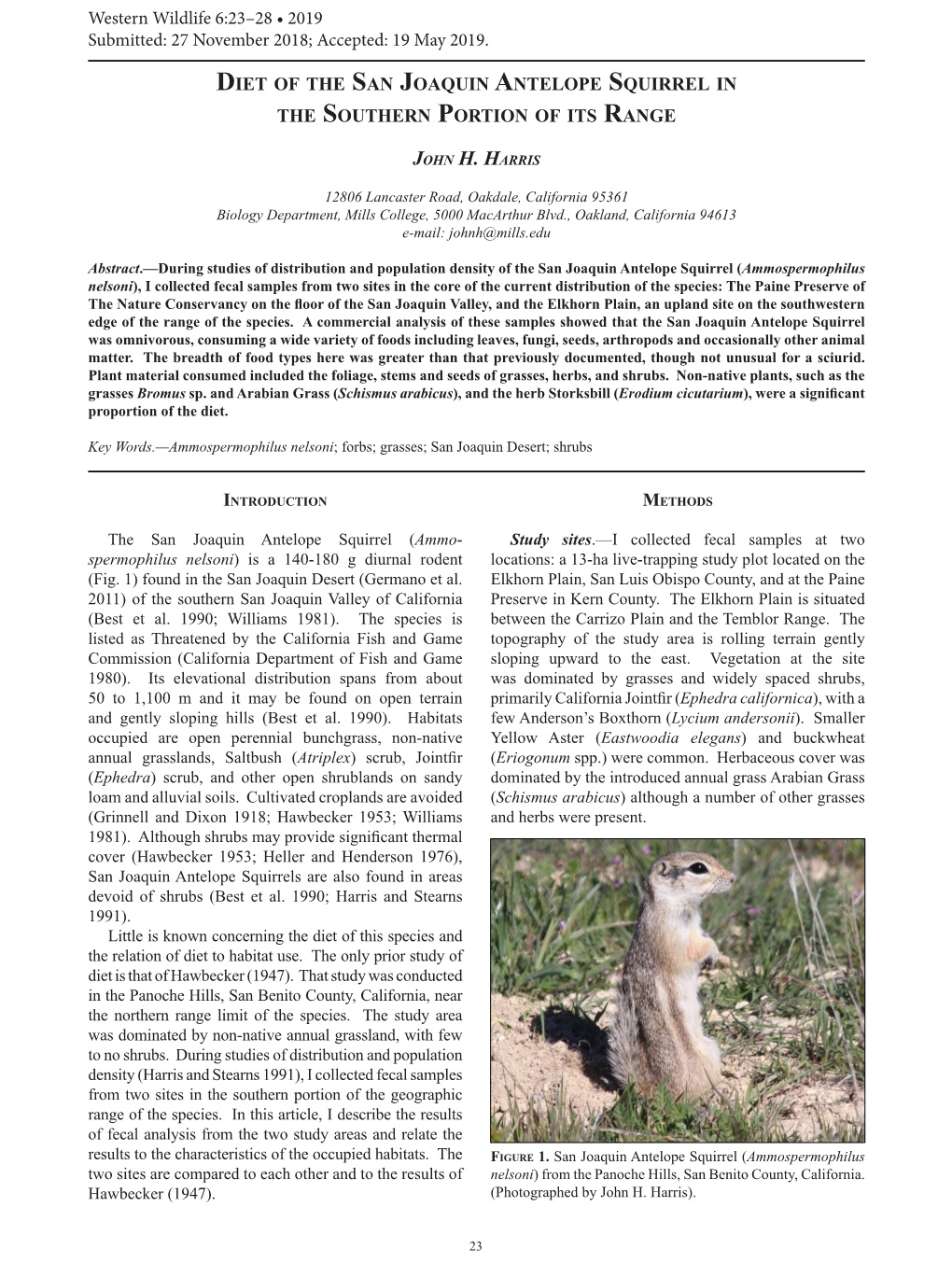 Diet of the San Joaquin Antelope Squirrel in the Southern Portion of Its Range