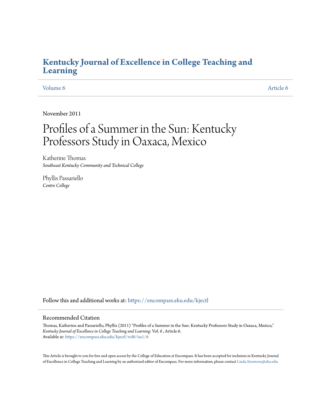 Kentucky Professors Study in Oaxaca, Mexico Katherine Thomas Southeast Kentucky Community and Technical College