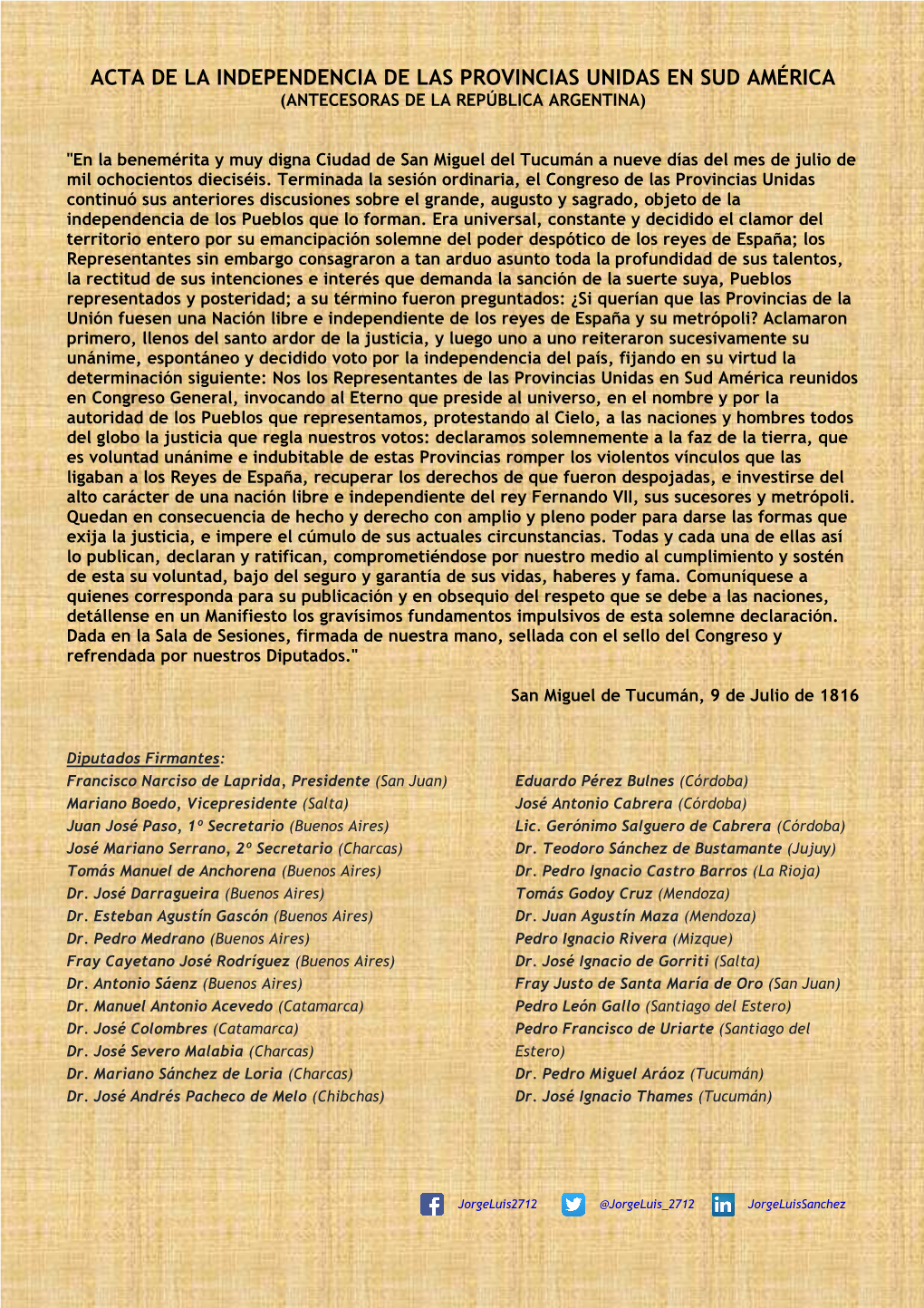 Acta De La Independencia De Las Provincias Unidas En Sud América (Antecesoras De La República Argentina)