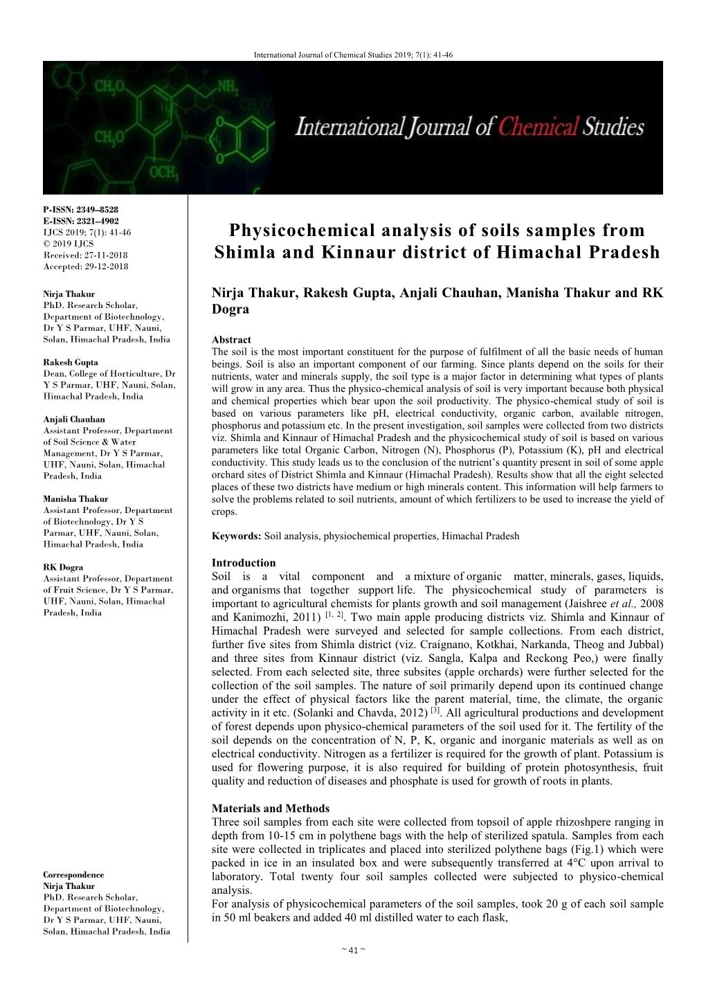 Physicochemical Analysis of Soils Samples from Shimla and Kinnaur