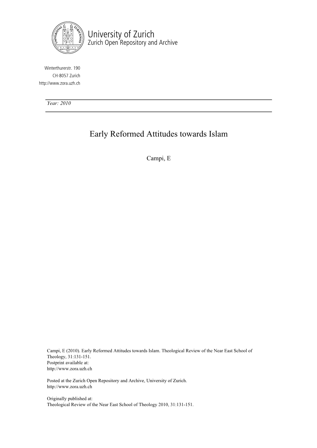 'Early Reformed Attitudes Towards Islam'