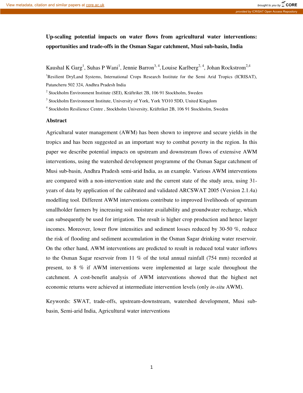 Up-Scaling Potential Impacts on Water Flows from Agricultural Water Interventions: Opportunities and Trade-Offs in the Osman Sagar Catchment, Musi Sub-Basin, India