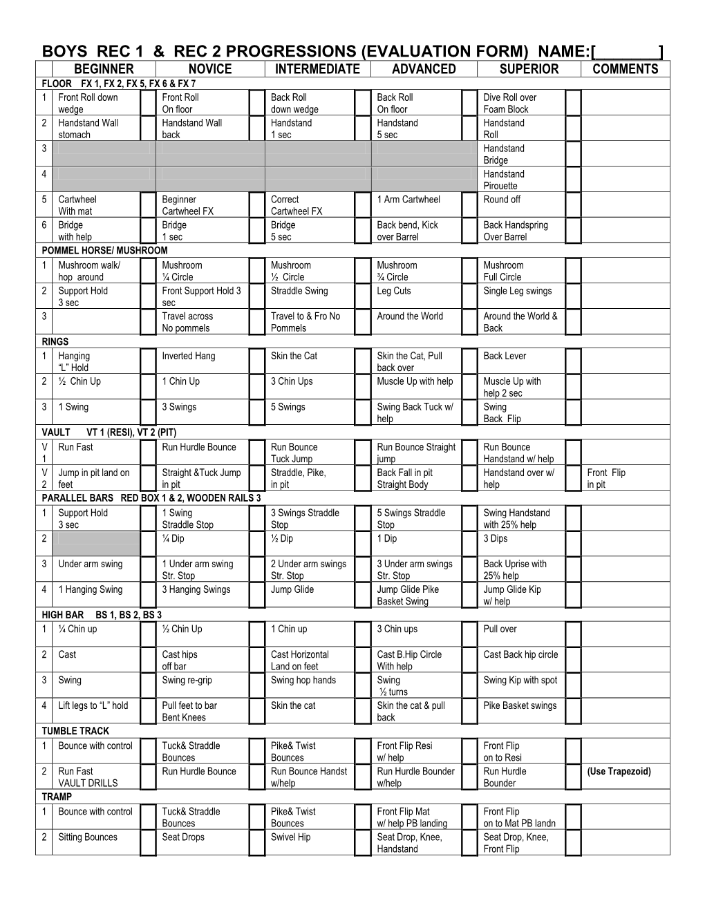 Boys Rec 1 & Rec 2 Progressions