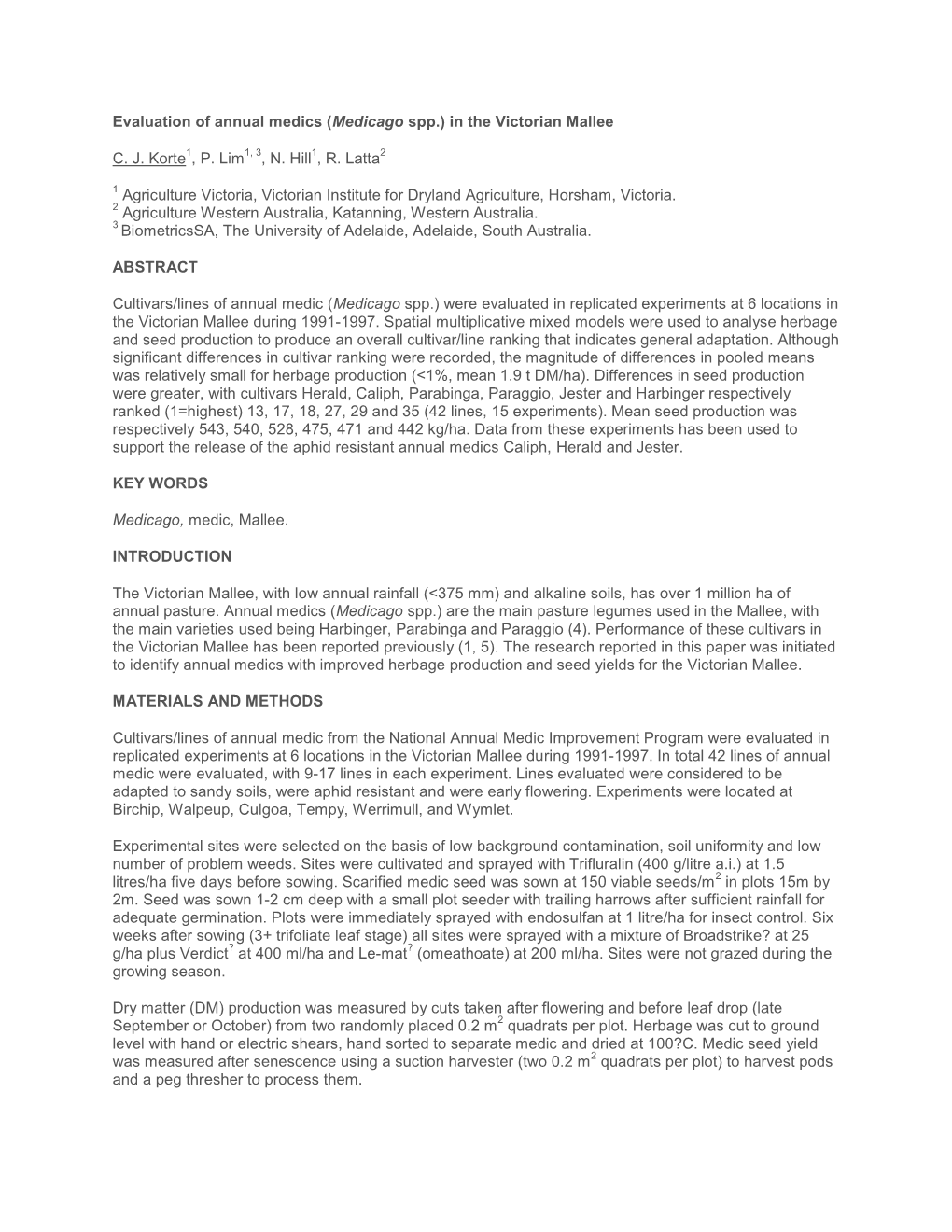 Evaluation of Annual Medics (Medicago Spp.) in the Victorian Mallee