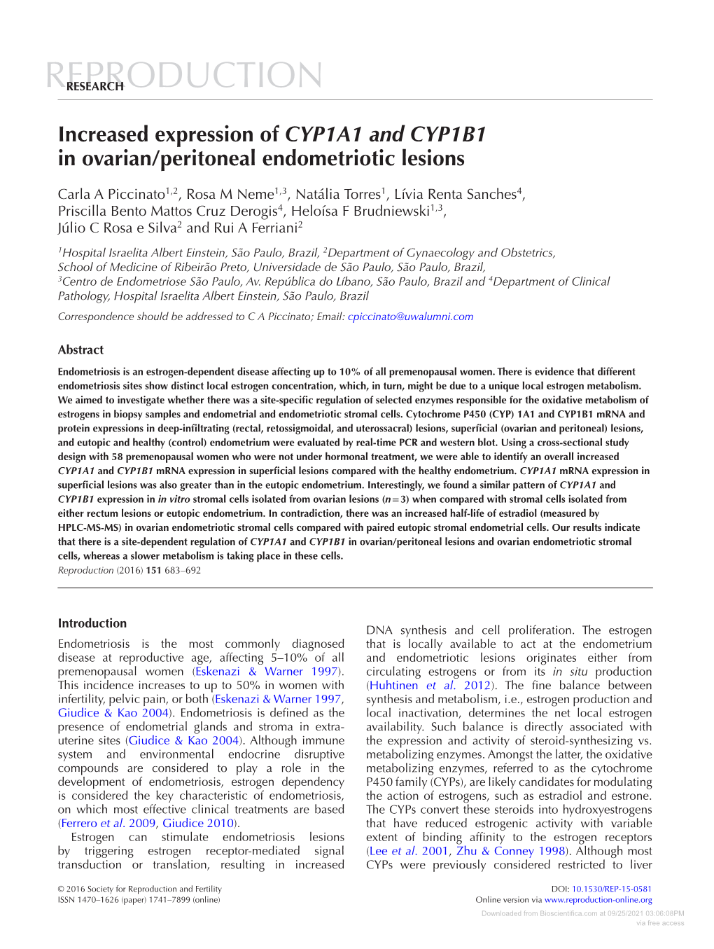 Increased Expression of CYP1A1 and CYP1B1 in Ovarian/Peritoneal Endometriotic Lesions